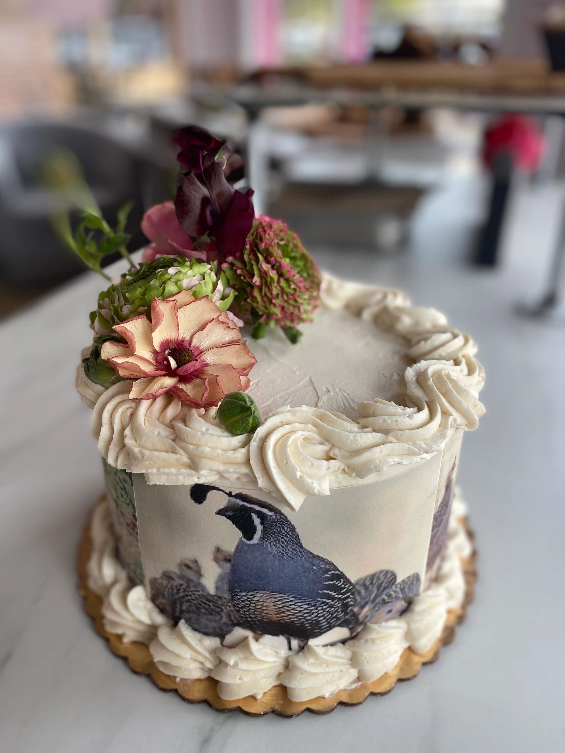 Peacock cake with flowers