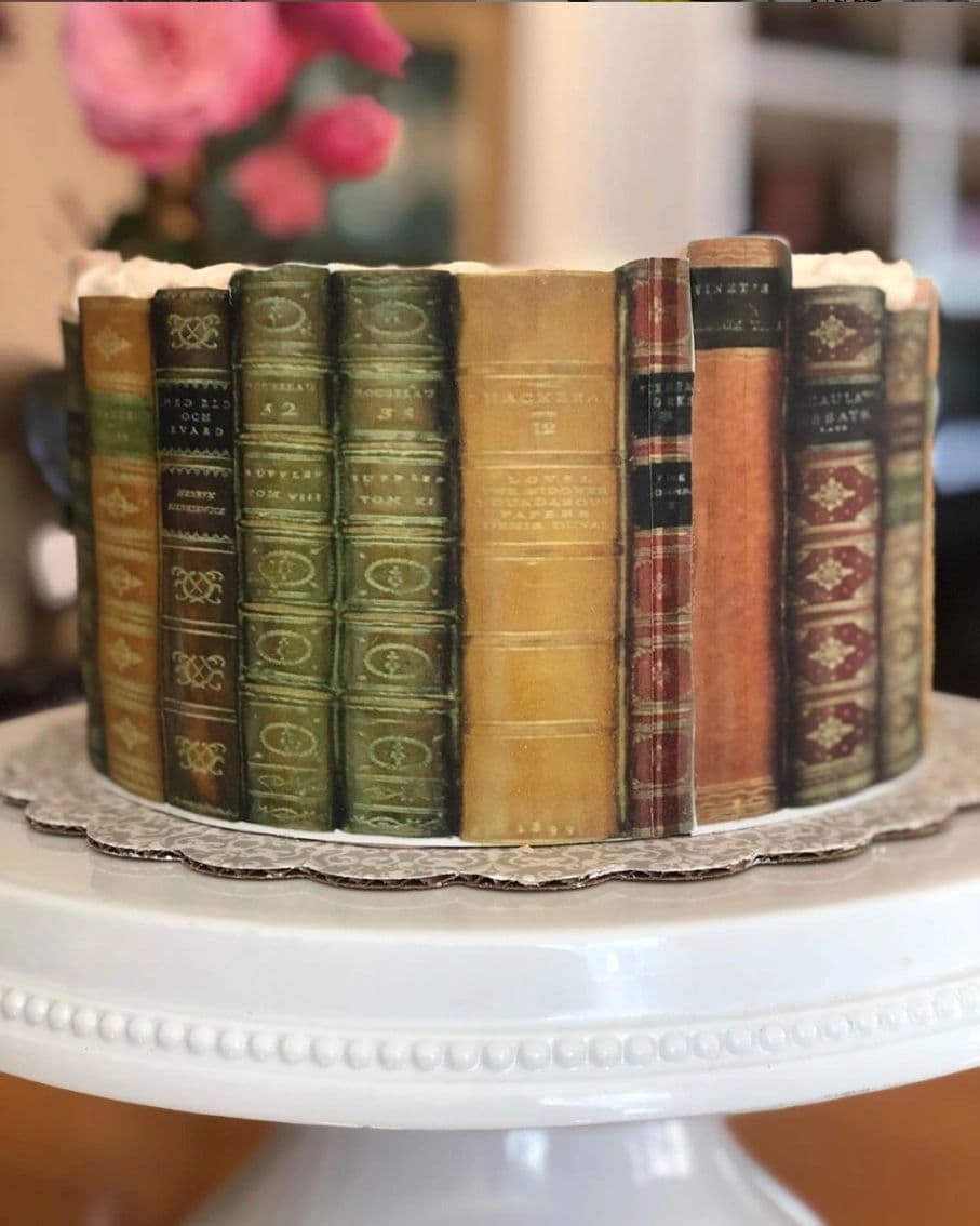 Book stack illusion cake